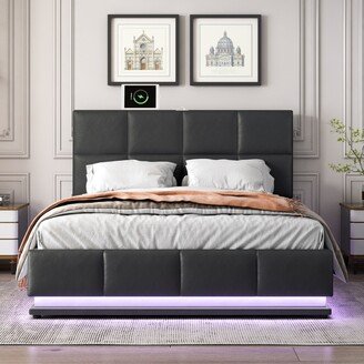 Tufted Upholstered Platform Bed with Hydraulic Storage System,PU Storage Bed with LED Lights and USB charger