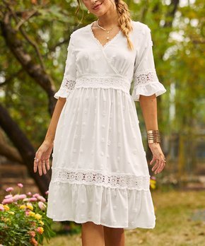 White Swiss Dot Lace-Inset Surplice Midi Dress - Women & Plus