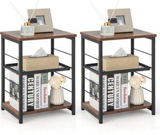 Tangkula 2PCS 3-Tier Industrial Side Table Nightstand with Removable Mesh Metal Shelf Adjustable Leveling Foot Pads End Table