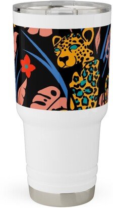 Travel Mugs: Leopard - Multi On Black Travel Tumbler, 30Oz, Multicolor