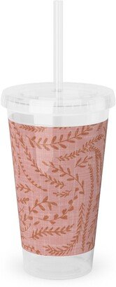 Travel Mugs: Notion - Fine Floral - Pink And Rust Acrylic Tumbler With Straw, 16Oz, Pink