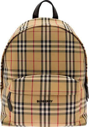 Beige Backpack With Check Motif And Metal Logo Lettering In Polyamide Man