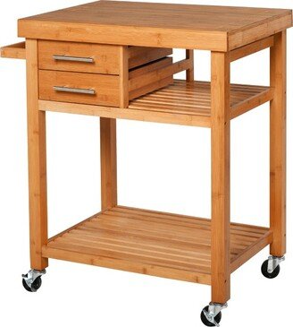 HOMCOM Bamboo Kitchen Island Cart on Wheels, Utility Trolley Cart with 2 Storage Drawers and Open Shelves, Natural