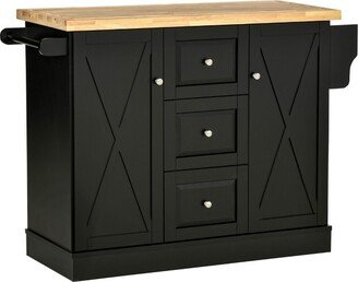 HOMCOM Farmhouse Mobile Kitchen Island Utility Cart on Wheels with Barn Door Style Cabinets, Drawers - Black