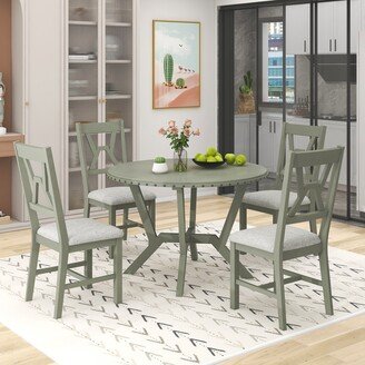 GEROJO Mid-Century Solid Wood 5-Piece Dining Table Set, Round Table with Cross Legs, 4 Upholstered Chairs for Small Spaces, Kitchen