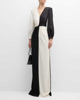 Two-Tone Twist-Front Satin Gown