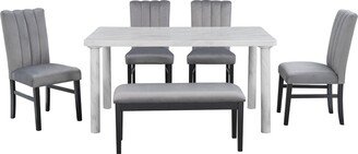 6-Piece Dining Table Set with Marble Veneer Table,4 Chairs and 1 Bench