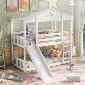 Snake River DÃ©cor Twin Over Twin House Bunk Beds with Slide Solid Wood Platform White