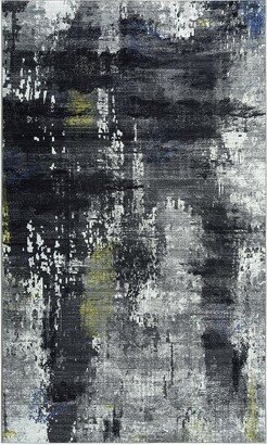 Modern Abstract Distressed Floor Mat, Black Gray 5' x 8'