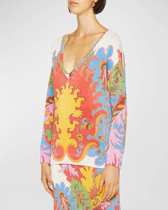 Blooming Paisley-Print V-Neck Linen Sweater