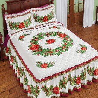 Collections Etc Holiday Wreath Quilt Top Bedspread with Ruffled Skirt