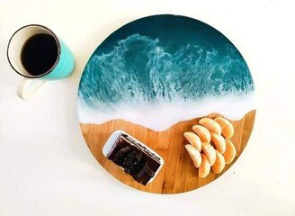 Wood Resin Turntable 14 Round, Ocean Wave Art, Wedding, Cake Stand, Engagement, Lazy Susan Coastal Christmas Gift Thanksgiving