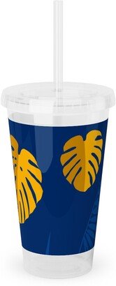 Travel Mugs: Tropical Leaves - Blue Acrylic Tumbler With Straw, 16Oz, Blue