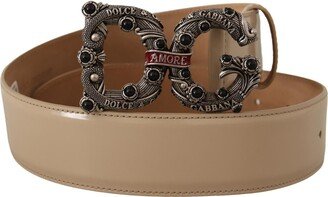 Beige Leather Silver Logo Buckle Amore Women's Belt