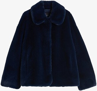 Womens Navy-blue Liliam Oversized-collar Faux-fur Coat