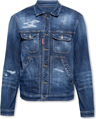 Buttoned Distressed Denim Jacket-AA