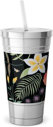 Travel Mugs: Hawaii Floral - Black Stainless Tumbler With Straw, 18Oz, Multicolor