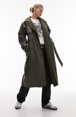 Faux Leather Trench Coat with Fleece Trim