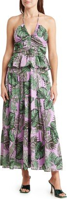 Palm Print Ruffle Midi Dress