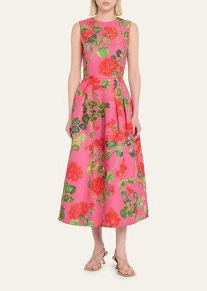 Sleeveless Jewel-Neck Geranium Faille Midi Dress