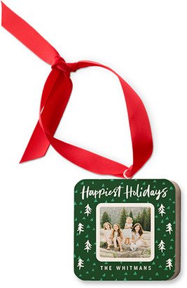 Ornaments: Happiest Holidays Trees Wooden Ornament, Green, Square Ornament