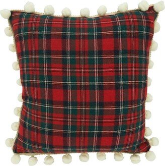 Saro Lifestyle Plaid Pom Pom Decorative Pillow Cover, Red, 18