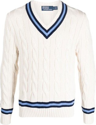 Striped-Border Cable-Knit Jumper