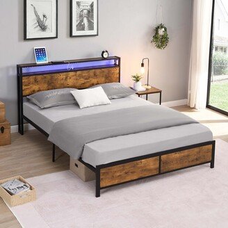 GEROJO Industrial Style Full Size Bed Frame with LED Lights 2 USB Ports and Storage, Rustic Brown