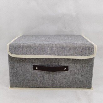 Gray Fabric With Cream Trim And Black Handle Lidded Box