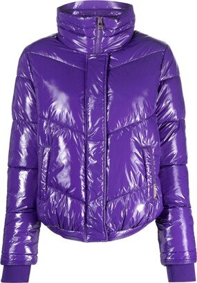 Chevron-Quilting Glossy Puffer Jacket