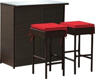 3-piece Rattan Wicker Bar Table Stools Dining Set Cushioned Chairs - 40