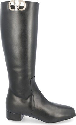 VLogo Plaque Pointed Toe Knee-High Boots