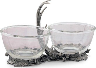 Dip, Nut, Sauce, Condiment Bowl Double Removable Glass Bowl with Solid Pewter Rustic Antler Handle