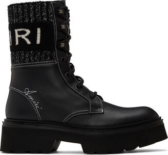 Black Knit Logo Collar Combat Boots