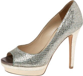 Silver Glitter Fabric Dahlia Platform Peep Toe Pumps Size 35