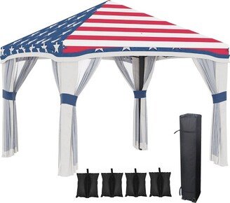 10' x 10' Pop Up Canopy with Nettings, Foldable Party Tent with Wheeled Carry Bag and 4 Sand Bags, American Flag