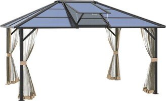 12x14 Hardtop Gazebo with Aluminum/Metal Frame, Polycarbonate Gazebo Canopy with Netting and Top Vent for Garden, Patio, Backyard, Gray