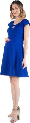 24seven Comfort Apparel Maternity Dress with Keyhole Neck-Blue-XL