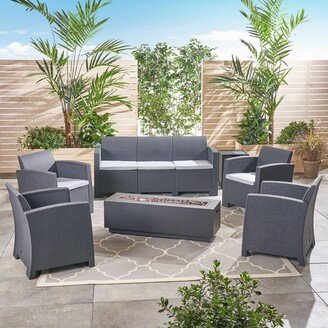 Rensing Outdoor 7-Seater Wicker Print Chat Set with Fire Pit and Tank Holder