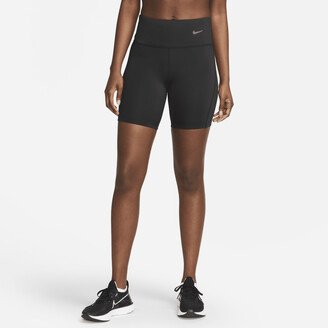 Women's Tight Mid-Rise Ribbed-Panel Running Shorts with Pockets in Black