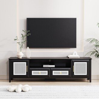 NINEDIN Farmhouse Rattan TV Stand for TVs up to 65 Boho Entertainment Center Drawers and Cabinets Gold Metal Handles TV Console Table