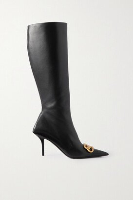 Embellished Leather Knee Boots - Black-AA