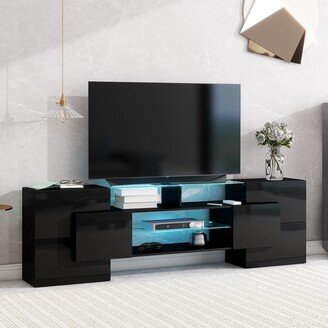 GREATPLANINC LED TV Stand 78 High Gloss Entertainment Center with 2 Open Glass Shelves, Unique Shape TV Console TV Cabinet for 60/65/80 TV