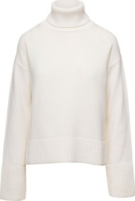 White Turtleneck Sweater With Ribbed Trim In Wool Woman