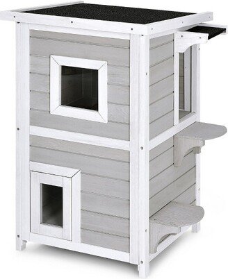 2-Tier Wooden Cat House Outdoor Kitty Shelter w/ Escape Door Rainproof