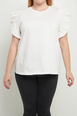 Plus Size Poplin Knit Mixed Ruffle Detail Top