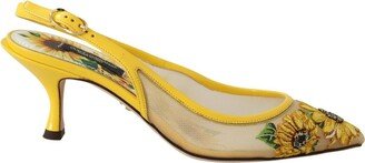 Yellow Sunflower Mesh Heels Slingback Women's Shoes