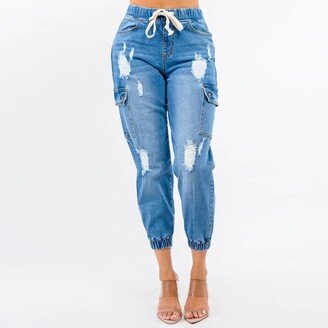 American Bazi High Waist Distressed Denim Jogger Pants In Medium Wash