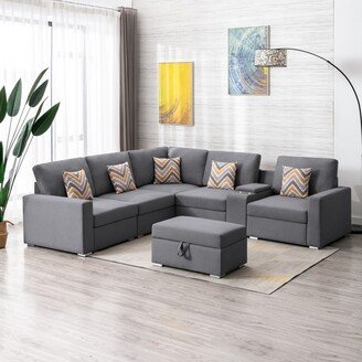 GREATPLANINC 5 Pc Reversible Linen Fabric Sectional Sofa with 5 Foam Filled Chairs, L-shape Couch with Storage Ottoman and Console Table