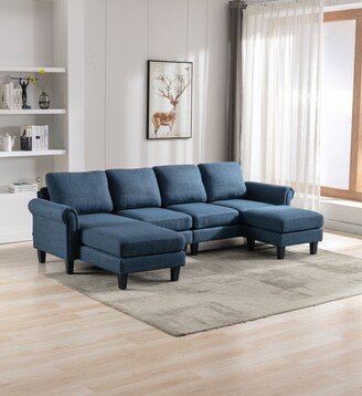 GEROJO Navy 108.66 Modern Linen Upholstered U-Shape Sectional Sofa with Foam Seat FillAccent Sofa for Living Room